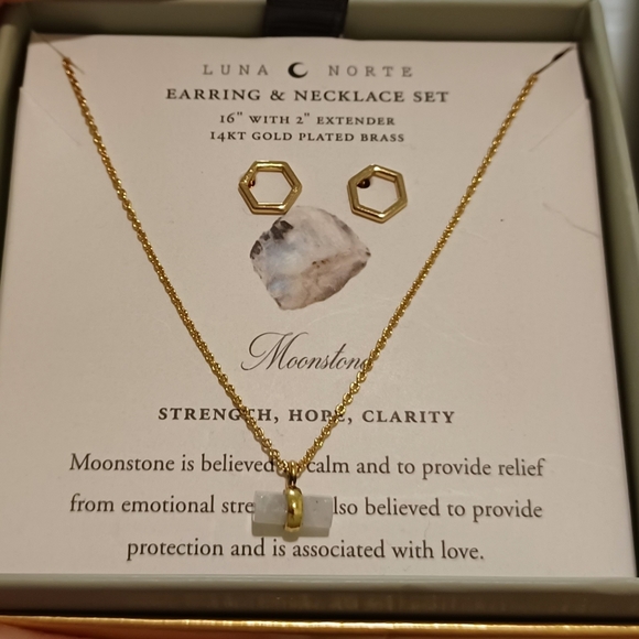 2 PC LUNA NORTE 14K GP HEXAGON EARRINGS & NECKLACES WITH MOONSTONE GEMSTONE - Picture 11 of 12